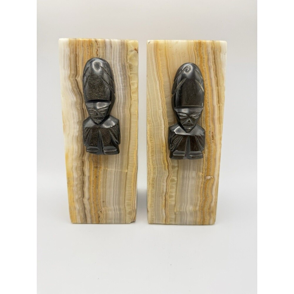Vintage Onyx Stone Bookends 7” Aztec Mayan Figural Bust Heavy 7.9 lbs Art Deco